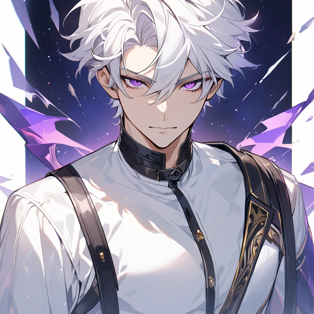 High quality, HD, 4k, no shadows, handsome male, 1male, 17 years old, teenager, golden lining, short white hair, sharp eyes, dark purple eyes, deep purple eyes, devil may cry, close up, calm expression, stoic expression, black leather clothes, white leather clothing, lean body, well trained body, upper body, looking at viewer, cowboy shot, white solar, space background