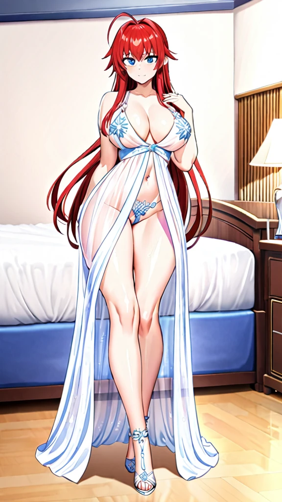 1girl, full body, masterpiece, best quality, perfect detail, ultra detail, bedroom, blue eyes, rias gremory, ahoge, large breasts, wide hips, thighs, royal icing, cosplay, see-through, jewelry, lingerie, babydoll