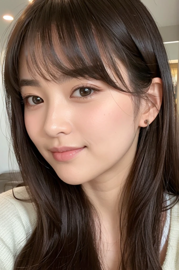 A woman in her 30s with a round face、Not having an oval or long face, long hair, bangs that cover the eyes, and sideburns that hang down on the cheeks