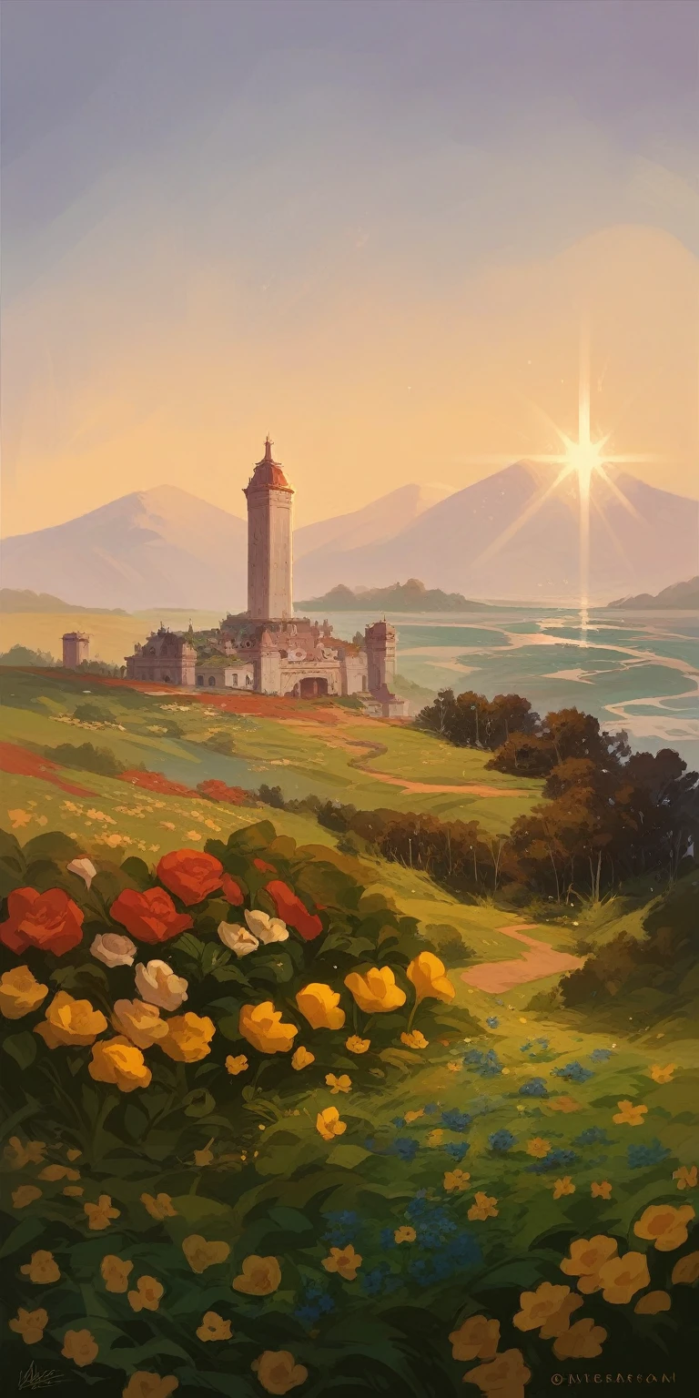 In this background, make flowers in red color, mix brown color like real, Cyber Park effect, sunlight als