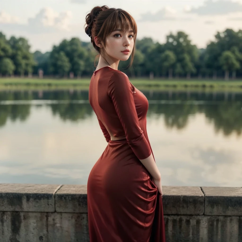 Kasumi, brown eyes, (best quality, ultra-detailed), (realistic:1.37), beautiful and detailed face, ultra-realistic texture, delicate face, delicate body, red lipstick, bright colors. High definition, 8K,