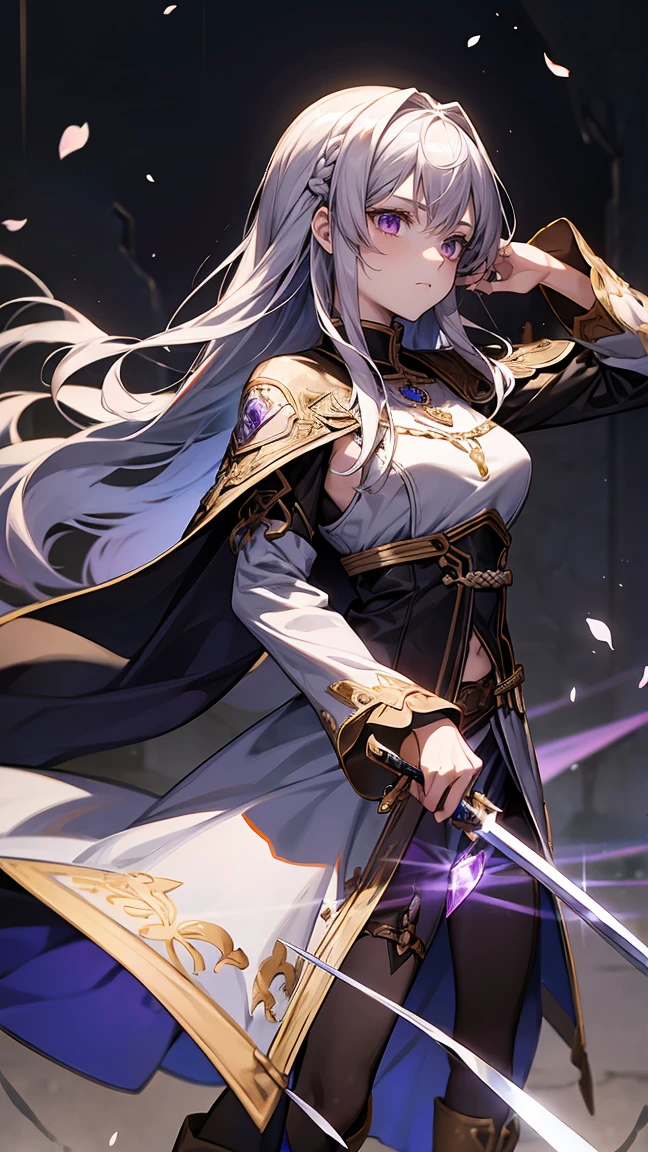 Create a detailed illustration of a new character that may appear in Sword Art Online。
1. **Character Name**: Lyra 2. **gender**: Woman 3. **age**: 18 years old 4. **hair**: 長い銀hair、It has a slight wave.、Braided on one side 5. **eye**: 紫のeye
6. **Skin color**: White Skin 7. **Costume**:
- Black and purple armor with intricate silver detailing - A flowing deep purple cape - Silver gauntlets and boots - A crystal amulet around her neck - Large breasts:1.6
8. **arms**:
- Shining amethyst embedded in the hilt、Slim Double-Edged Sword 9. **Pause**:
- Standing confidently with sword held in front of him、Combat Ready Stance 10. **background**:
- Ancient Ruins Covered in Ivy、There are glowing runes on the wall.11. **Personality and expression**:
- A determined and courageous character、A slightly mysterious look on the face12. **Additional details**:
- A slight magical aura around the sword - A soft light filtering through the ruins creates a dramatic atmosphere