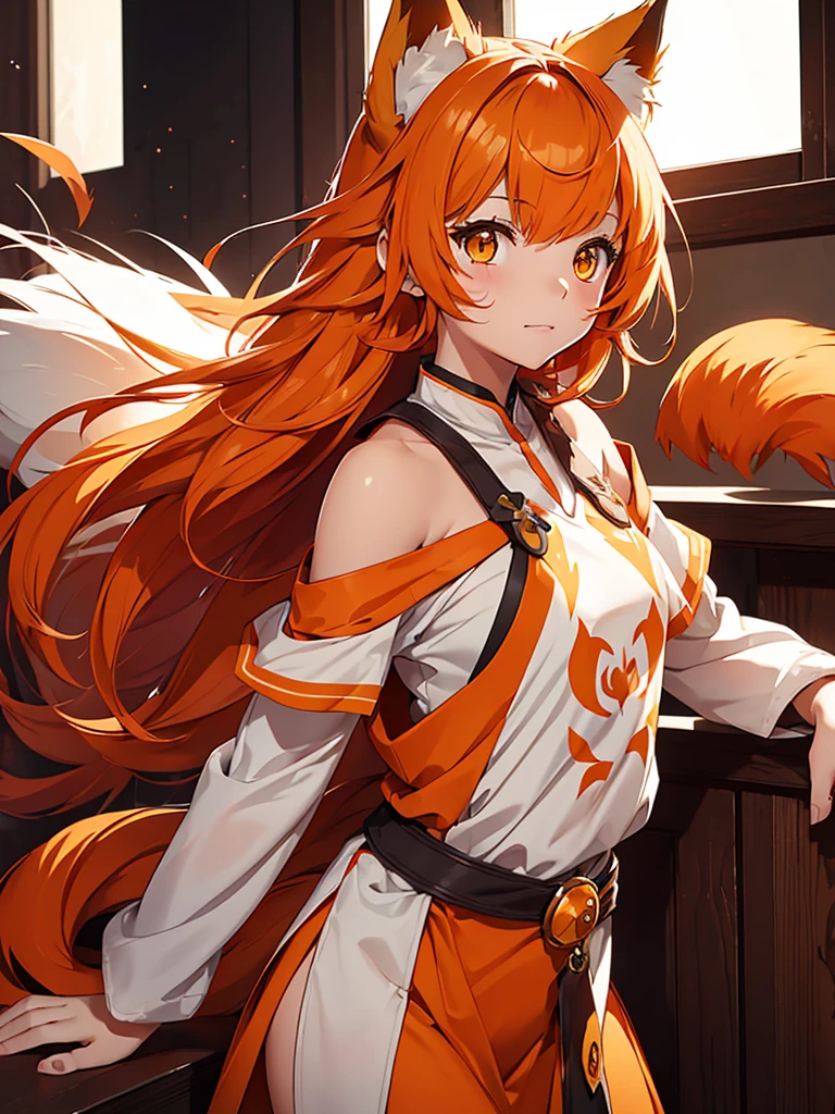 Young girl with shoulder length orange hair and yellow eyes, wearing a simple tunic, orange fox ears with a white tip and an orange fox tail with a white tip.