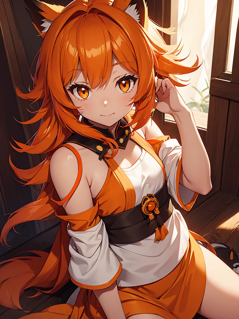 Young girl with shoulder length orange hair and yellow eyes, wearing a simple tunic, orange fox ears with a white tip and an orange fox tail with a white tip.