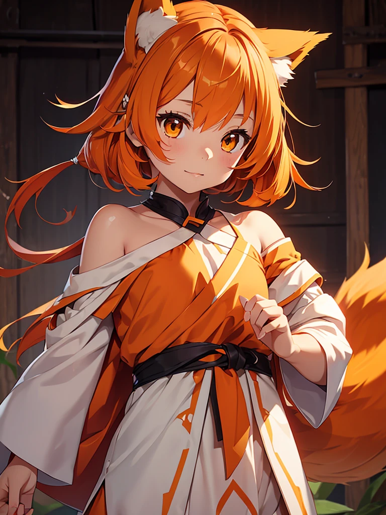 Young girl with shoulder length orange hair and yellow eyes, wearing a simple tunic, orange fox ears with a white tip and an orange fox tail with a white tip.