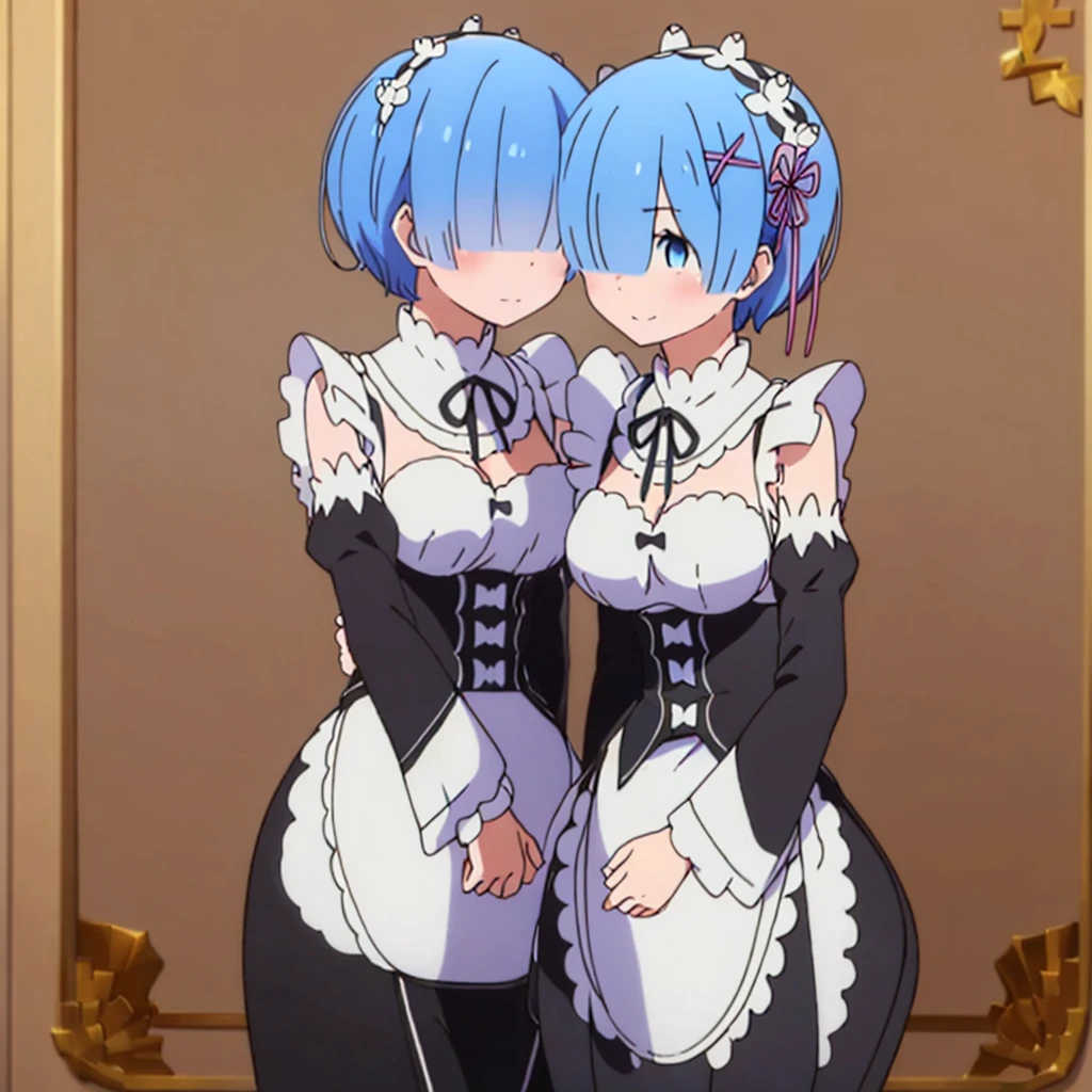 best quality,highly,detailed,masterpiece,ultra-detailed,
looking at viewer, ((1girl,solo)),skinny,blush, full body,
(Delicate eyes,blue eyes),(smile),one eye covered, (cover right eye),hair over one eye,hair ornament,
medium breasts,cleavage,(roswaal mansion maid uniform),
hair ribbon,detached_sleeves, pink_ribbon,
(expressive hair,short hair,:1.2),blue hair,
nayutaren,