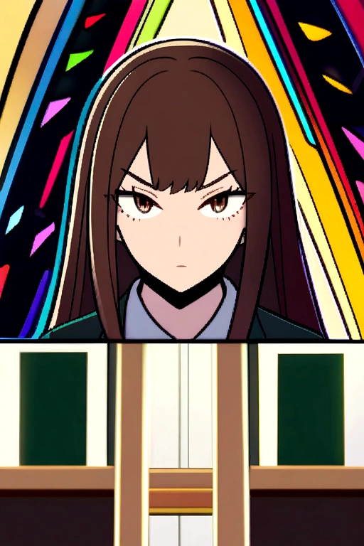My Hero Academia AU Lounge, long straight horse girl, black and dark brown. With a strong expression and dark brown eyes.