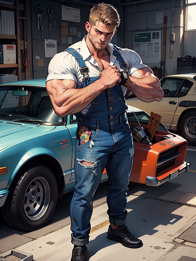 masterpiece , 32k , best quality ,very very detailed face , detailed fingers ,detailed hands, detailed eyes, 1man, hunk man,muscled and mature, stephen amell as a mechanic wearing totally unbuttoned overall, showing muscles , mechanic tools , sweating, tight cloth, , full body view , working on a car, background race cars ,workshop. Tools, .... car mechanical stuff