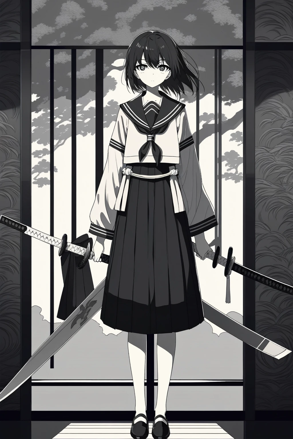 Beautiful anime portrait,Black monochrome，Oriental Wallpaper，Gray-black，Feeling，very anime style，Sailor Suit，whole body，Soft Light，Rich in details，Sad expression，leg ring decoration，Background blur，Vivid colors，情Feeling深沉，front，Standing posture，Samurai sword