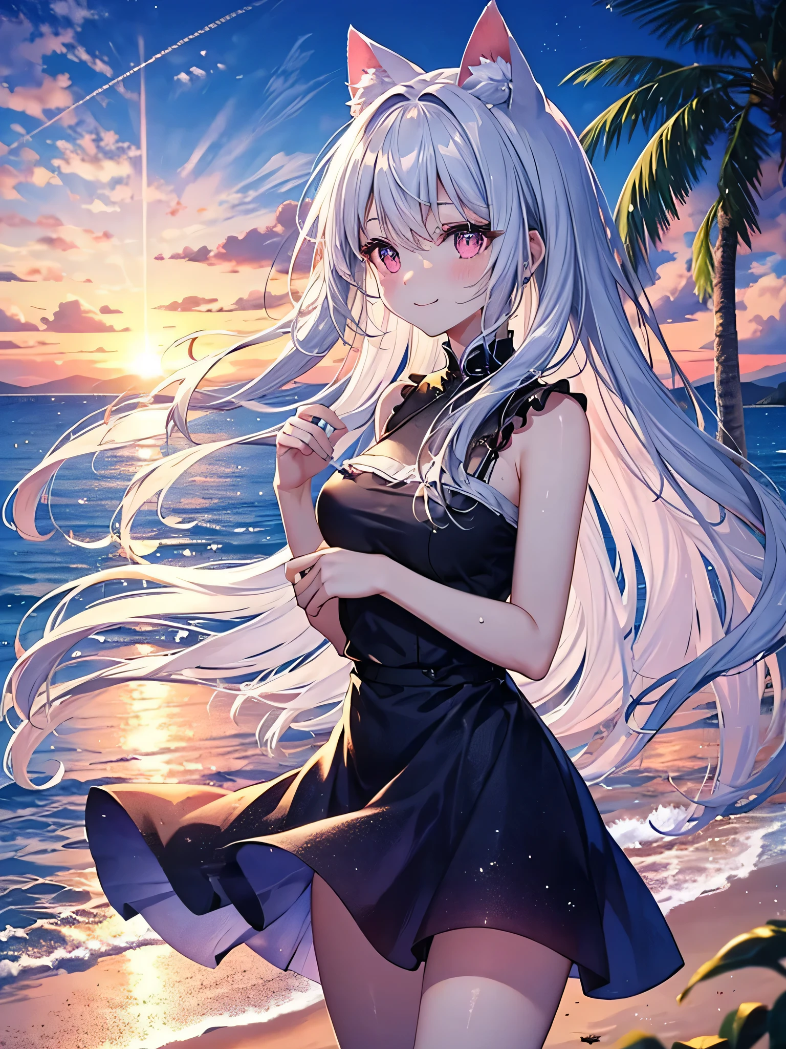 Highly detailed face, water effects、Light effects,medium breasts,pretty girl,smile,Cat ear,Beautiful silver hair,Pink inside,Beautiful pink eyes ,an orange、pink there、Yellow blends to fill the sky、The sunset over the beach is truly mesmerizing。The crystal clear sea gently kisses the shore、White sand beaches stretch everywhere。Seagulls soar high into the sky、It is a dynamic and breathtaking scene with palm trees gently swaying。Embrace a calm atmosphere、Peace washes you。
