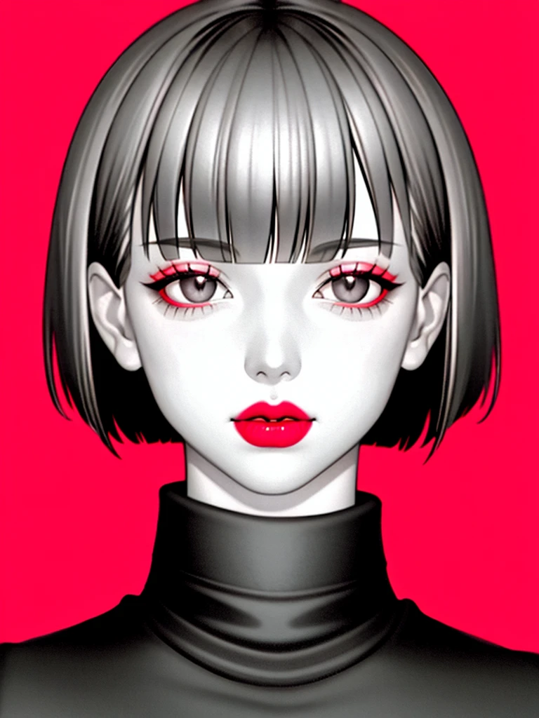 1girl, solo, monochrome, greyscale, bob cut, short hair, portrait, turtleneck, closed mouth, bangs, looking at viewer, blunt bangs, sketch, graphite \(medium\), lips, hatching \(texture\), red lips