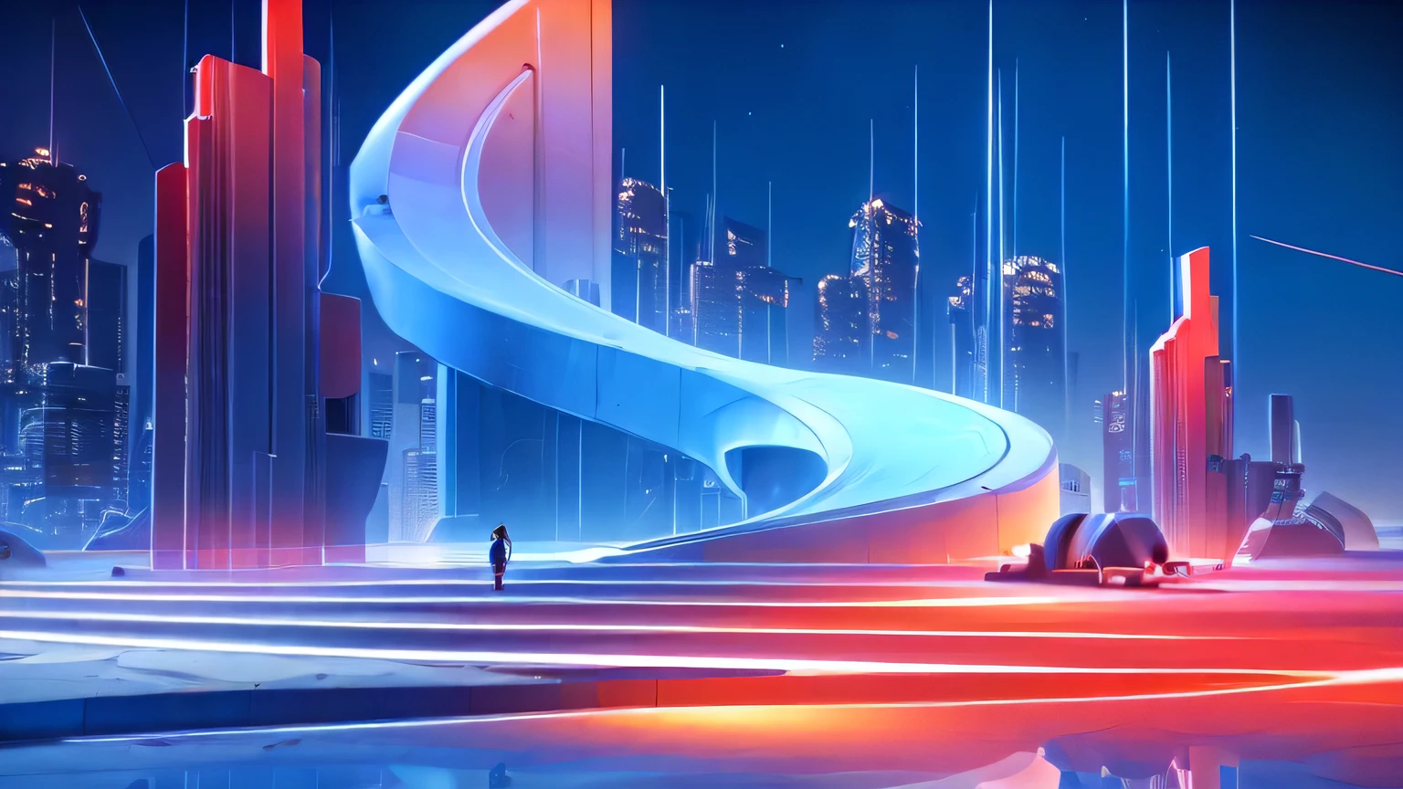 futuristic city，There are curved stairs，Man walking on the street, 3 d render beeping sounds, smooth digital Concept Art, Futuristic numbers, Futuristic numbers art, Inspired by Mike Winkelmann, Futuristic architecture, Futuristic art style, Futuristic architecture concept, artem demura beeping sounds, Concept Art | beeping sounds, futuristic city landscape