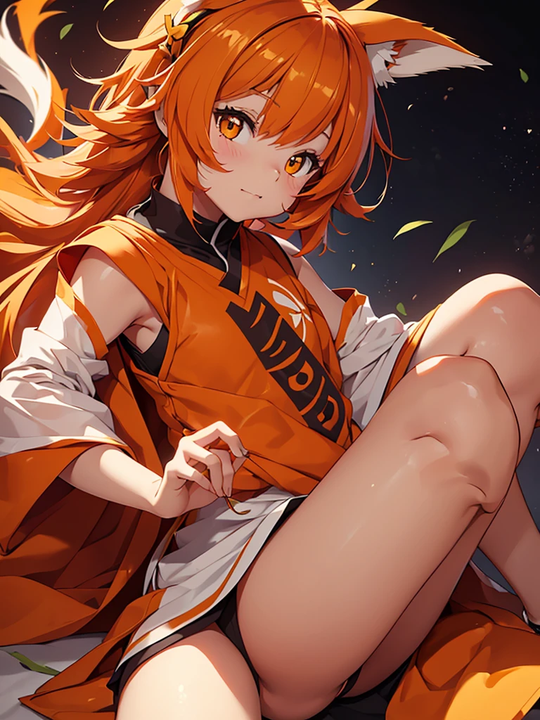 Young girl with shoulder length orange hair and yellow eyes, wearing a simple tunic, orange fox ears with a white tip and an orange fox tail with a white tip.