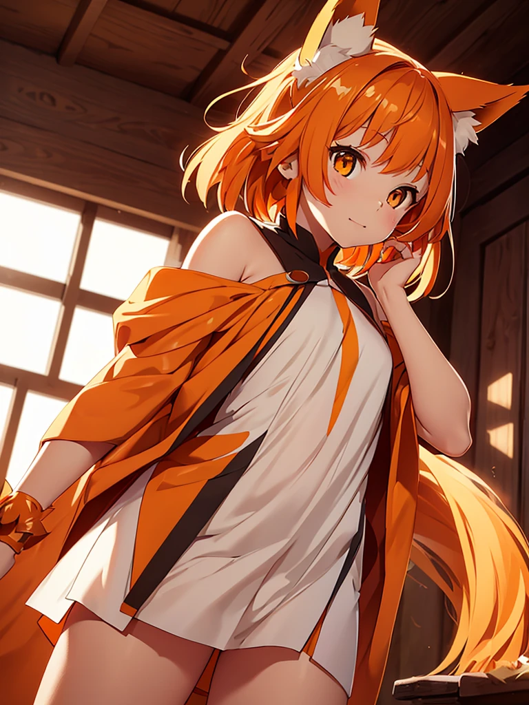 Young girl with shoulder length orange hair and yellow eyes, wearing a simple tunic, orange fox ears with a white tip and an orange fox tail with a white tip.