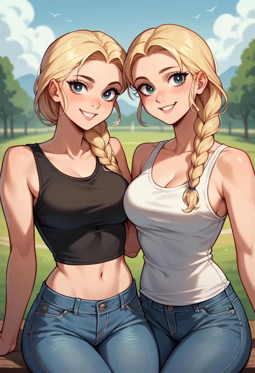 best resolution, 2 heads, two different people become conjoined, different heads, braided hair, blonde, eyeliner, 25 years old, cute, flirting, , sexy, tanktop, jeans, outside in backyard,