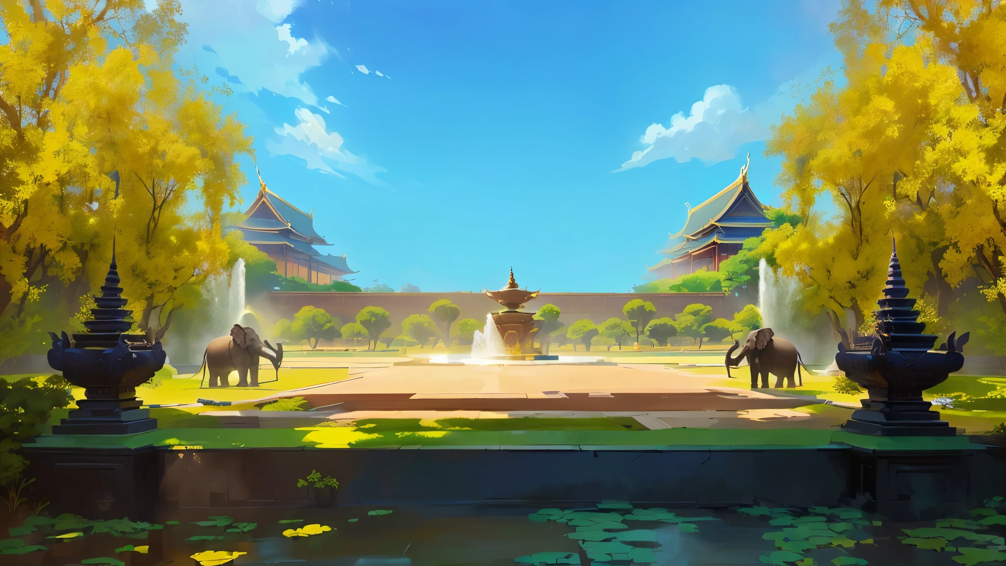 there is a painting of a courtyard with a fountain and elephants stone, arena background, mobile game background, background art, background artwork, palace background, game background, temple background, volley court background, zen temple background, anime background art, royal garden background, amazing wallpaper, anime background, 2 d game art background, park background, anime scenery concept art, videogame background, Cassia fistula, far  architect thailand