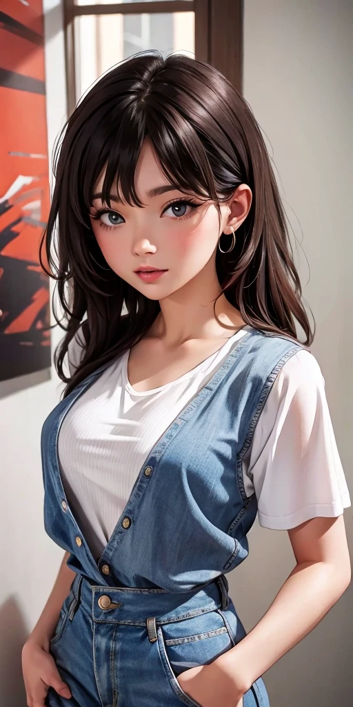 Fashion trendy beautiful and charming woman，gentle and charming Chinese beautiful woman，Korea（Kpop idol），delicate and sexy collarbones，charming oval face，二重まぶた，ingenious[peaches]flower eyes，redish pink lips，small-nose，exposed bare shoulders，focus at face，closeup of face，The ultra -The high-definition，hyper-detailing，（baggy）），The white off-the-shoulder shirt perfectly echoes the light blue high-slit miniskirt， （chest cut out）。（（black colors）lace panty）， Fresh and impressive， natural color，hugetits， （nsfw：1.2）