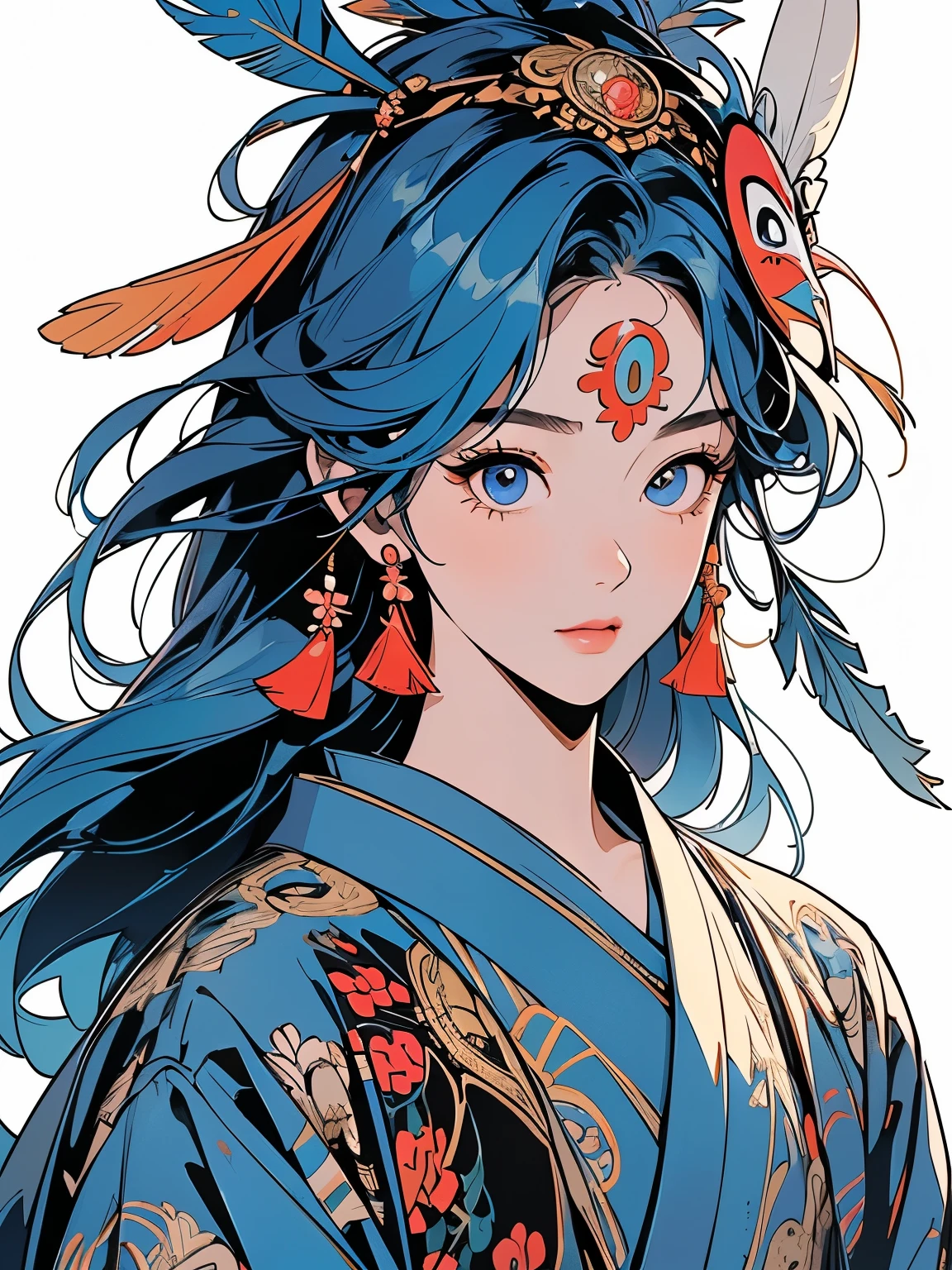 kimono, 完璧なkimono, 詳細なkimono, first-class, Super detailed, White background only, (((Super detailedな装飾))),One Woman, Perfect Face, Faint lighting, (((head shot))), Super detailedな髪、(((Sparkling Eyes))),mysterious, Golden Belt, The wind is blowing, Apparition, Japanese style, Panorama, Long Shot,  (((Narrow-eyed beauty))),(((Indian-style feather headdress on head))),Upper Body,(((Complex eye pattern)))、(((He wears an intricate bird-head mask on his head.)))、A beautiful woman、Detailed face、Best quality face、Large feather ornament、Blue hair color
