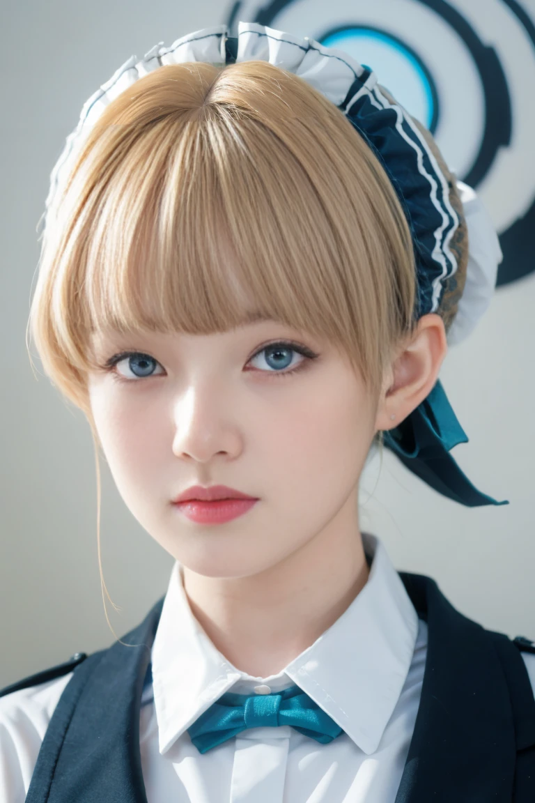 best quality, tmasterpiece,Ultra-high resolution,Clear face,(Reality:1.4),ferpect lighting,(upper body shot), (photorealistic:1.50), anime wallpaper, Guviz style artwork, cover-up fantasy up to magic, by Yang J, Guviz, beautiful artwork illustration, beautiful digital artwork, beautiful digital illustration, Li Song, beautiful anime portrait, art style in Beauvot, 独奏, 1girl, tokirnd, expressionless, closed mouth, short blonde hair, maid headdress, blue eyes, uniform,
