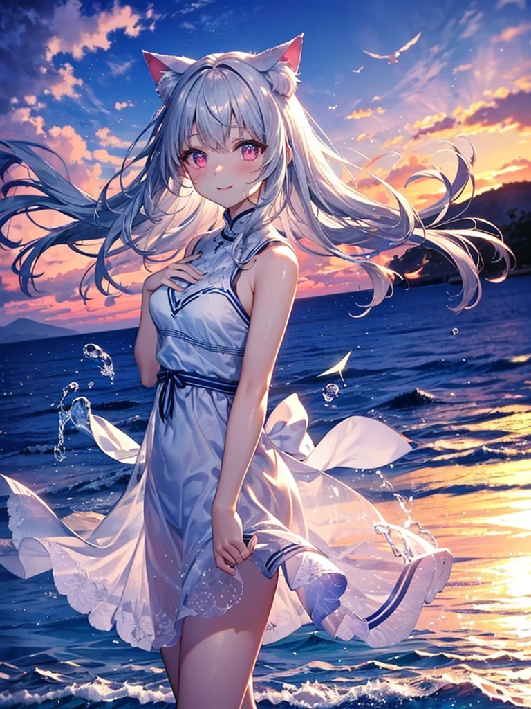 Highly detailed face, water effects、Light effects,medium breasts,pretty girl,smile,Cat ear,Beautiful silver hair,Pink inside,Beautiful pink eyes ,an orange、pink there、Yellow blends to fill the sky、The sunset over the beach is truly mesmerizing。The crystal clear sea gently kisses the shore、White sand beaches stretch everywhere。Seagulls soar high into the sky、It is a dynamic and breathtaking scene with palm trees gently swaying。Embrace a calm atmosphere、Peace washes you。