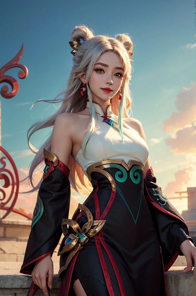 (masterpiece, best quality:1.2), intricate details, mythmaker irelia, 1girl, hair ornament, hair rings, bare shoulders, dress, detached sleeves, forehead mark, multicolored hair, white hair, earrings, green eyes, textured skin, looking at viewer, solo, light smile, (mature female:1.2)