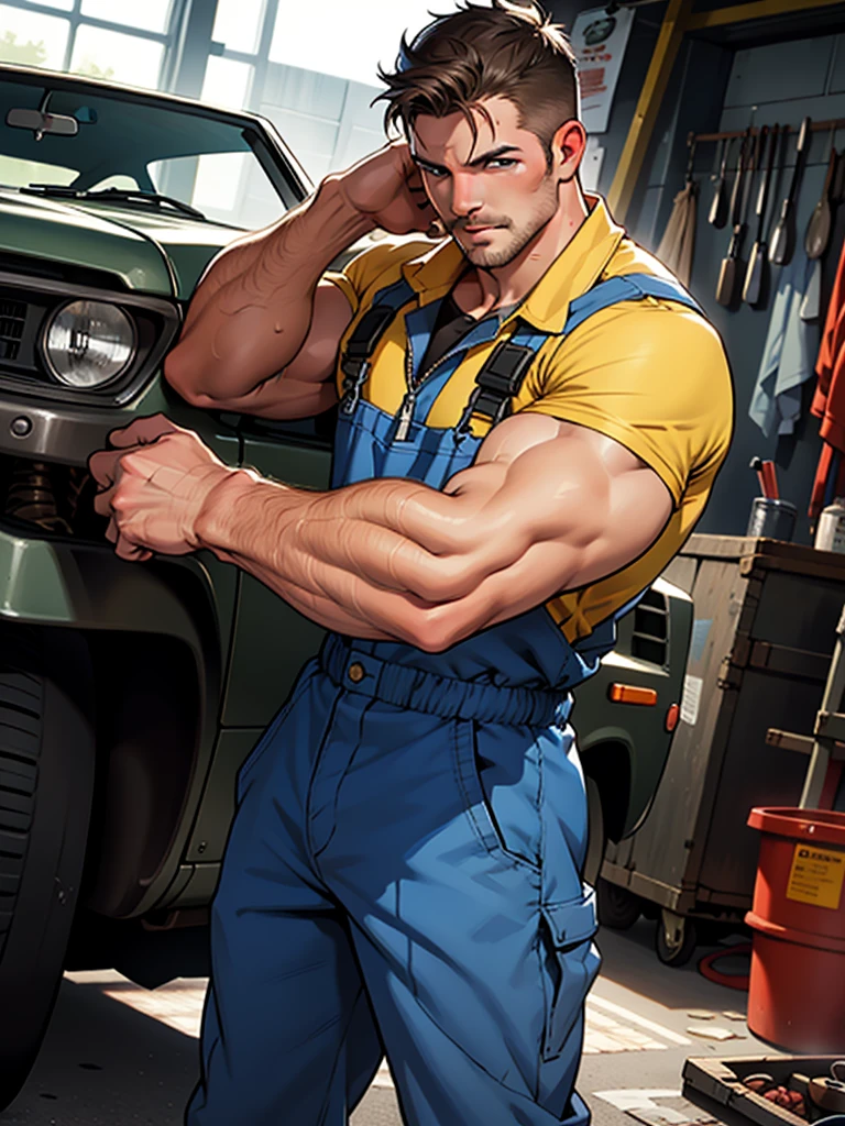 masterpiece , 32k , best quality ,very very detailed face , detailed fingers ,detailed hands, detailed eyes, 1man, hunk man,muscled and mature, stephen amell as a mechanic wearing totally unbuttoned overall, showing muscles , mechanic tools , sweating, tight cloth, , full body view , working on a car, background race cars ,workshop. Tools, .... car mechanical stuff