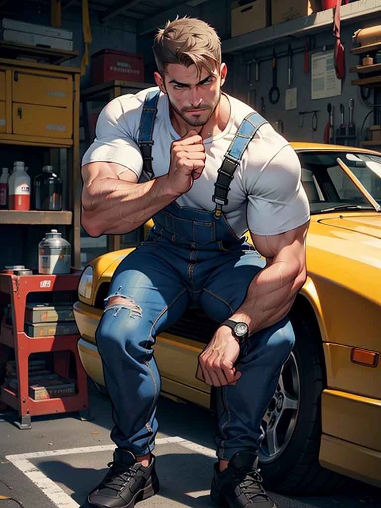 masterpiece , 32k , best quality ,very very detailed face , detailed fingers ,detailed hands, detailed eyes, 1man, hunk man,muscled and mature, stephen amell as a mechanic wearing totally unbuttoned overall, showing muscles , mechanic tools , sweating, tight cloth, , full body view , working on a car, background race cars ,workshop. Tools, .... car mechanical stuff