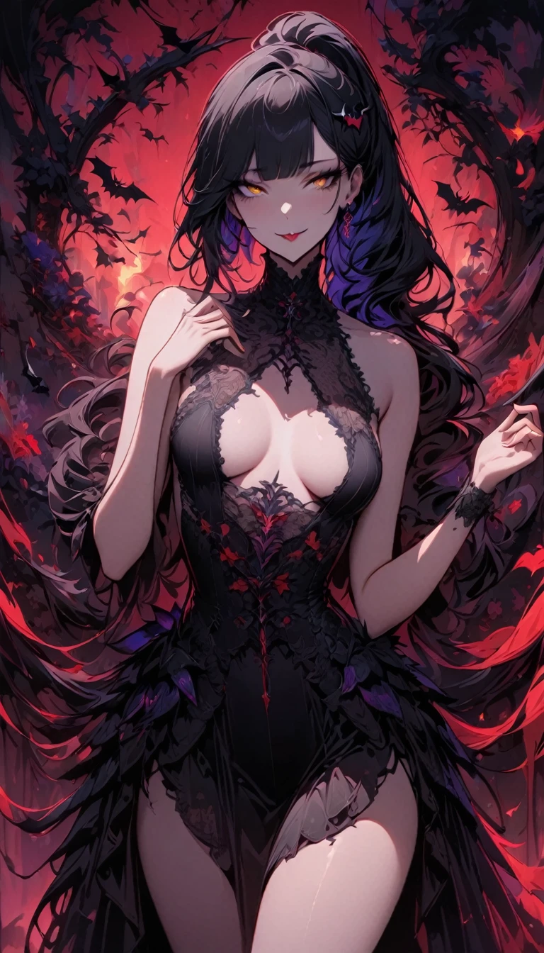 black long hair, blunt bangs,(middle breasts),((ong hair,Jet black, Jet black hair: 0.7),(ultra-detailed eyes, beautiful and detailed face, detailed eyes: 0.9), ,((full shot)), , longeyelashes, beautiful hair, beautiful face, beautiful detailed eyes, beautiful clavicle, beautiful body, beautiful chest, beautiful thigh, beautiful legs, beautiful fingers, unity 8k wallpaper, anatomically correct, (((masterpiece))), (((best quality))), (((ultra detailed))), (((high-resolution))), 1girl, :p, bare shoulders, bat hair ornament, shy, earrings, eyeshadow, gloves, hair behind ear, hair ornament, hand up, jewelry, lam-style, long hair, looking at viewer, makeup, portrait, red background, red gloves, sleeveless, smile, solo, tongue, tongue out, vampire, yellow eyes,face up,Close up,