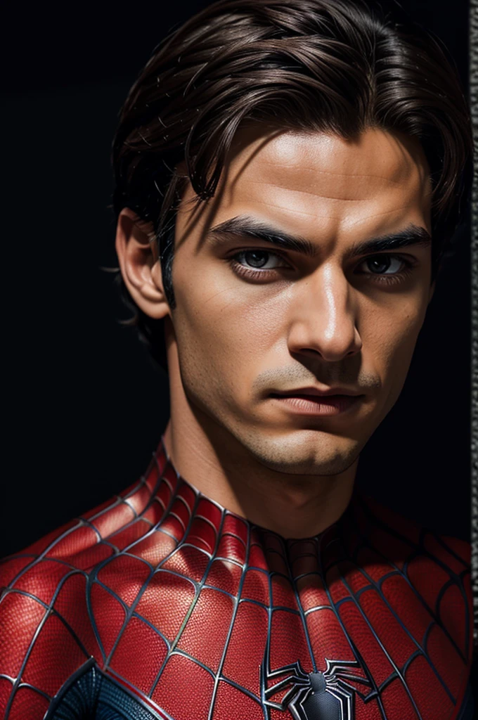 A photograph of Spider-Man., sin mascara, the 20s, elegant, detailed face, looking to the camera, portrait, 8k hd, high quality