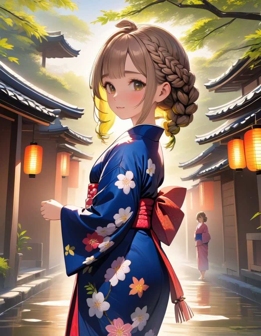 masterpiece, Highest quality, High resolution, Very detailed, 1 girl、alone、Medium Hair、Braiding、Colorful Hair,One side up,Parted bangs,Side Lock,Mini character、girl、Wearing a yukata、Dancing outside、