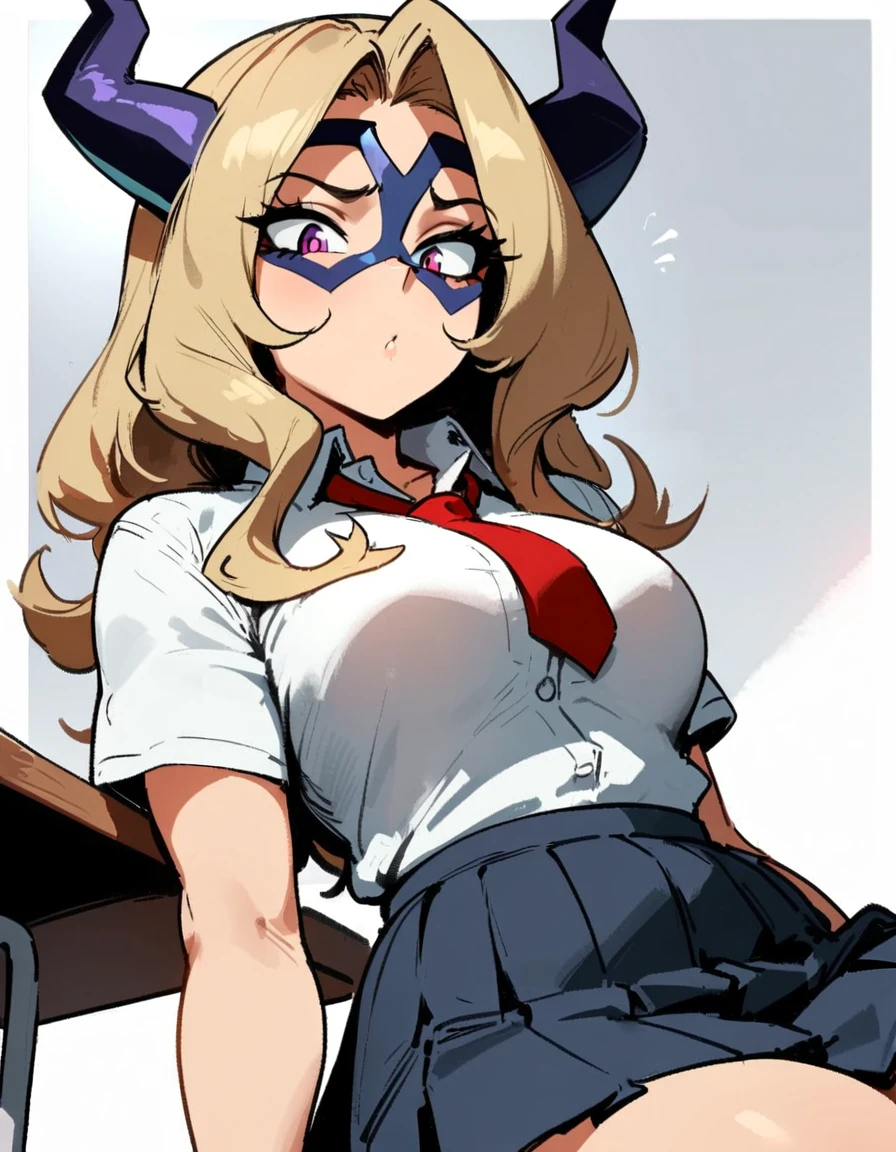 1girl, mount lady, boku no hero academia \\\\\ masterpiece, best quality, very aesthetic, absurdres, newest \\\\\\ sportive body,  \\\\\\  by dodok, nyantcha, cutesexyrobutts, by khyle ///// blonde, purple eyes,  (school uniform:1.2), skirt, , 24 years old, white background,tie,sit on desk, below view, 