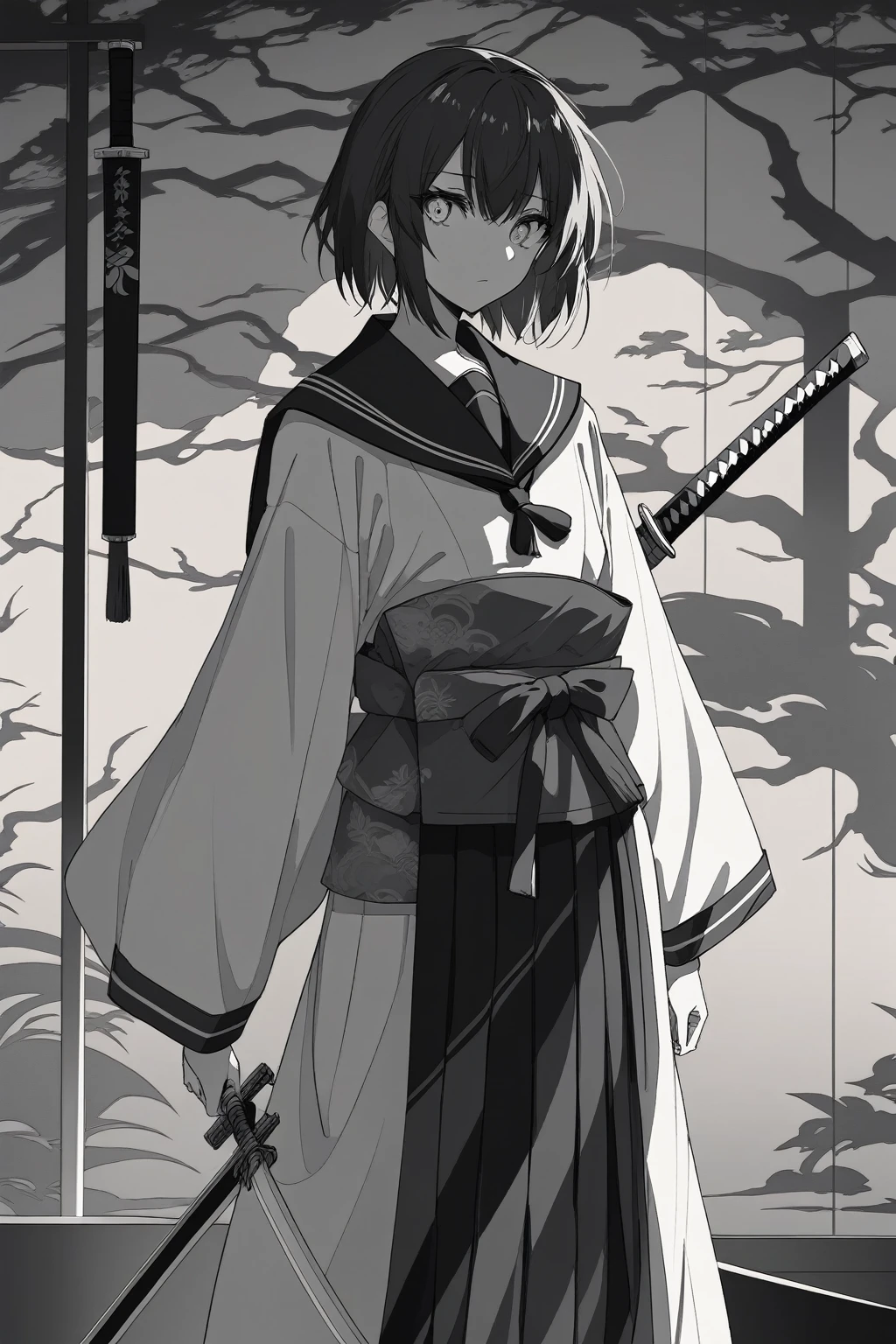 Beautiful anime portrait,Black monochrome，Oriental Wallpaper，Gray-black，Feeling，very anime style，Sailor Suit，whole body，Soft Light，Rich in details，Sad expression，leg ring decoration，Background blur，Vivid colors，情Feeling深沉，front，Standing posture，Samurai sword