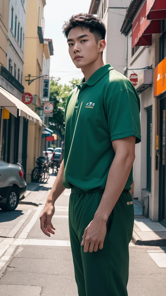 (8K, 4K, best quality, high resolution_ 1.2), (Master, Practical, Photo realism_ 1.4), A strong young Chinese man，Very robust，Sunlight，optimism，American short hair，Wear an orange T-shirt with a collar，Short sleeve，The collar is dark green，No logo，Wearing thin gloves，Wearing dark green pants，Blurred background，street，Green electric car