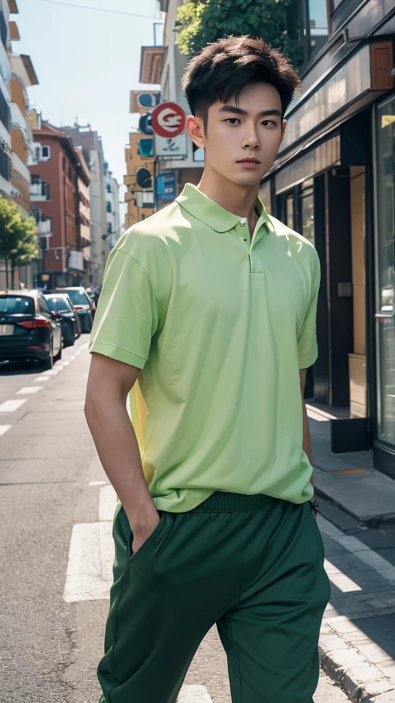 (8K, 4K, best quality, high resolution_ 1.2), (Master, Practical, Photo realism_ 1.4), A strong young Chinese man,Very robust,Sunlight,optimism,American short hair,Wear an orange T-shirt with a collar,Short sleeve,The collar is dark green,No logo,Wearing thin gloves,Wearing dark green pants,Blurred background,street,Green electric car