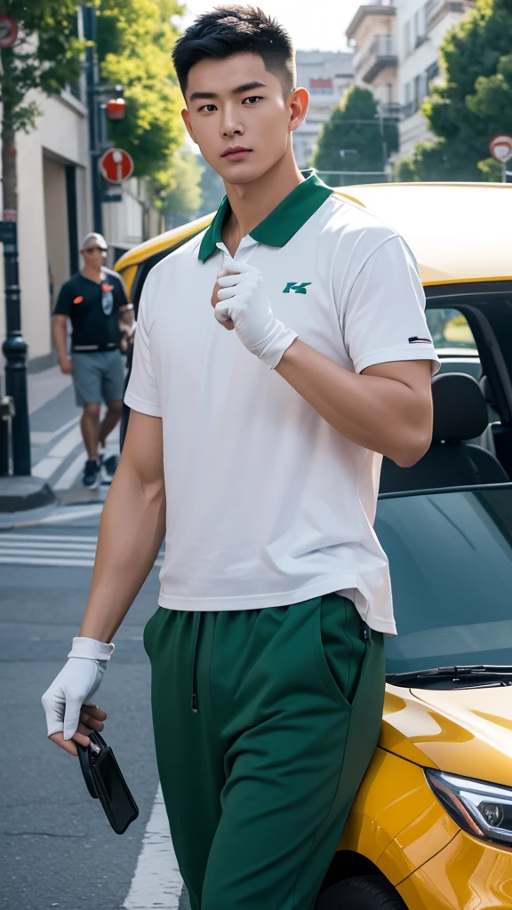 (8K, 4K, best quality, high resolution_ 1.2), (Master, Practical, Photo realism_ 1.4), A strong young Chinese man,Very robust,Sunlight,optimism,American short hair,Wear an orange T-shirt with a collar,Short sleeve,The collar is dark green,No logo,Wearing thin gloves,Wearing dark green pants,Blurred background,street,Green electric car