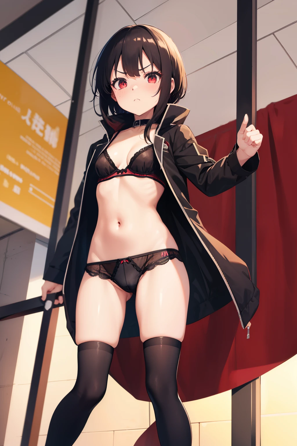 Megumin  ,1girl , anime , masterpiece  , Black hair, black jaqueta aberta open clothes , solo ,  jacket, open clothes, bra , flat chest , pantie  , garterbelt ,long socks ,disgusted face  ,angry looking at viewer   .