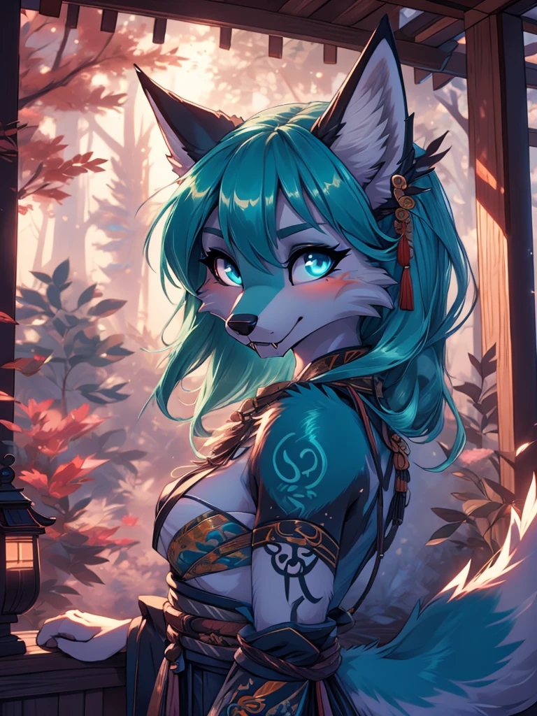 Miku Hatsune x vixen high definition good anatomy add_detail:1, blue fur,kitsune ears, tribal tattoo add_detail:1, cute girl add_detail:1, feudal priestess clothing add_detail:1, japanese shrine landscape add_detail:1, japanese shrine costume add_detail:1, add_detail:1, fullbody  descalza add_detail, highly detailed face, deep aqua iris add_detail:1 lighting eyes add_detail:3, wolf claws, sharp fangs add_detail:1, wild slut add_detail:1