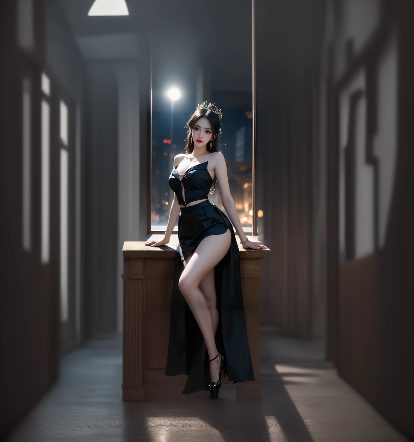 (((Sarah Hyland))) standing in a dimly-lit cigar lounge at sunset, ((naked with thigh high stockings)), perfect legs, shy, embarrassed, ((face blushing)), ((choker)), (worried), ((perfect eyes))