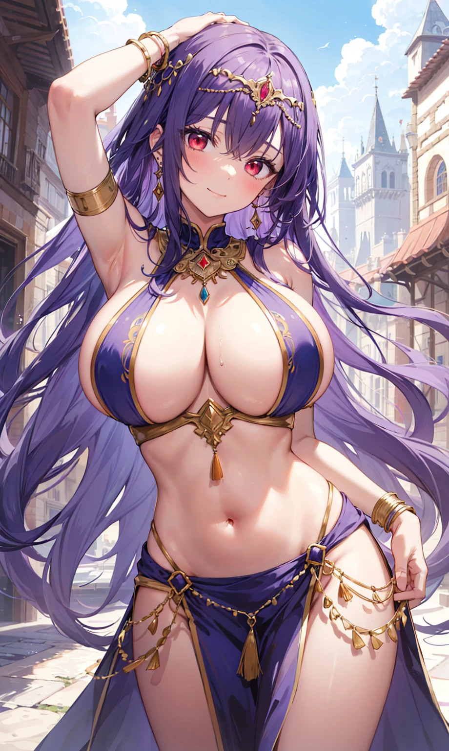 high quality, ultra detailed, best quality, insanely detailed, beautiful, masterpiece, 1girl, medieval plaza, cowboy shot, red eyes, long hair, purple hair, belly dancer, circlet, earrings, armlets, bracelets, bashful smile, large breasts, cleavage, soft stomach