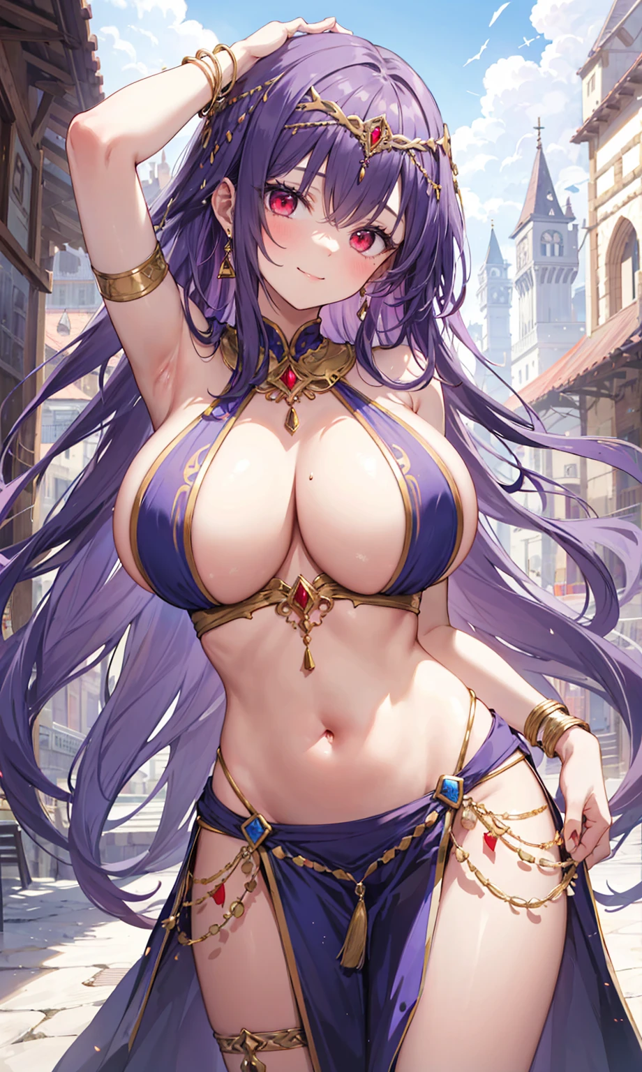 high quality, ultra detailed, best quality, insanely detailed, beautiful, masterpiece, 1girl, medieval plaza, cowboy shot, red eyes, long hair, purple hair, belly dancer, circlet, earrings, armlets, bracelets, bashful smile, large breasts, cleavage, soft stomach