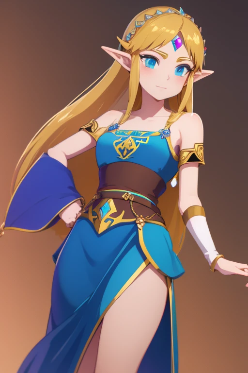 8k, hight quality, best quality, Zelda, preteenager, lunar on the cheek, clean armpits, thin waist, hairband, blond hair, long hair, brunette skin, blue eyes, look, (waifu), black dress, shotrs pant dress, stand, middle smile, red lips.