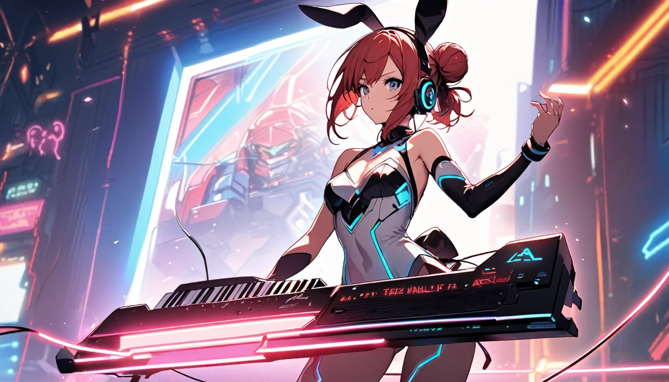 Beautiful girl, single, hair tied in two buns, red hair, glowing wires. Wear a half hat, headphones, bunny ears, and a neon sci-fi robot leotard. Behind it is a robot with neon lights. The background image is a large robot clearly visible, on stage playing Keytar.