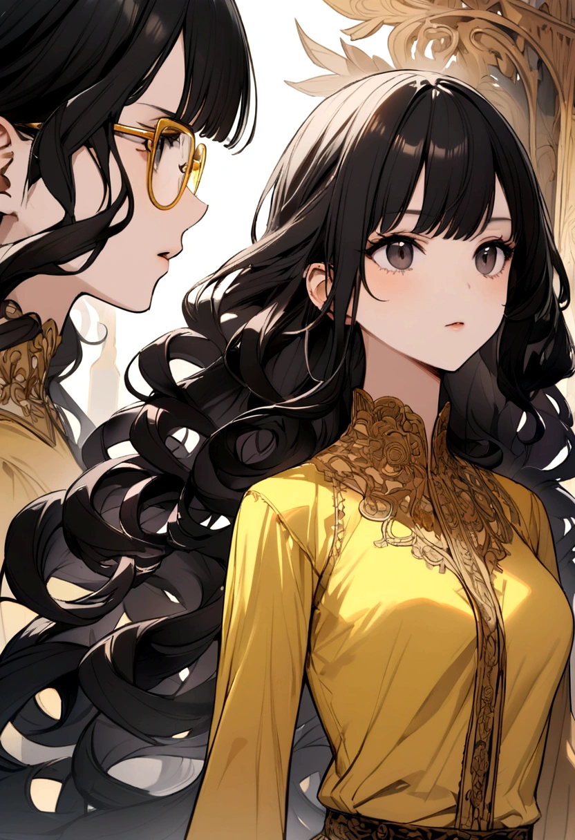 black hair girl, long curly hair, yellow glasses, black eyes, yellow shirt