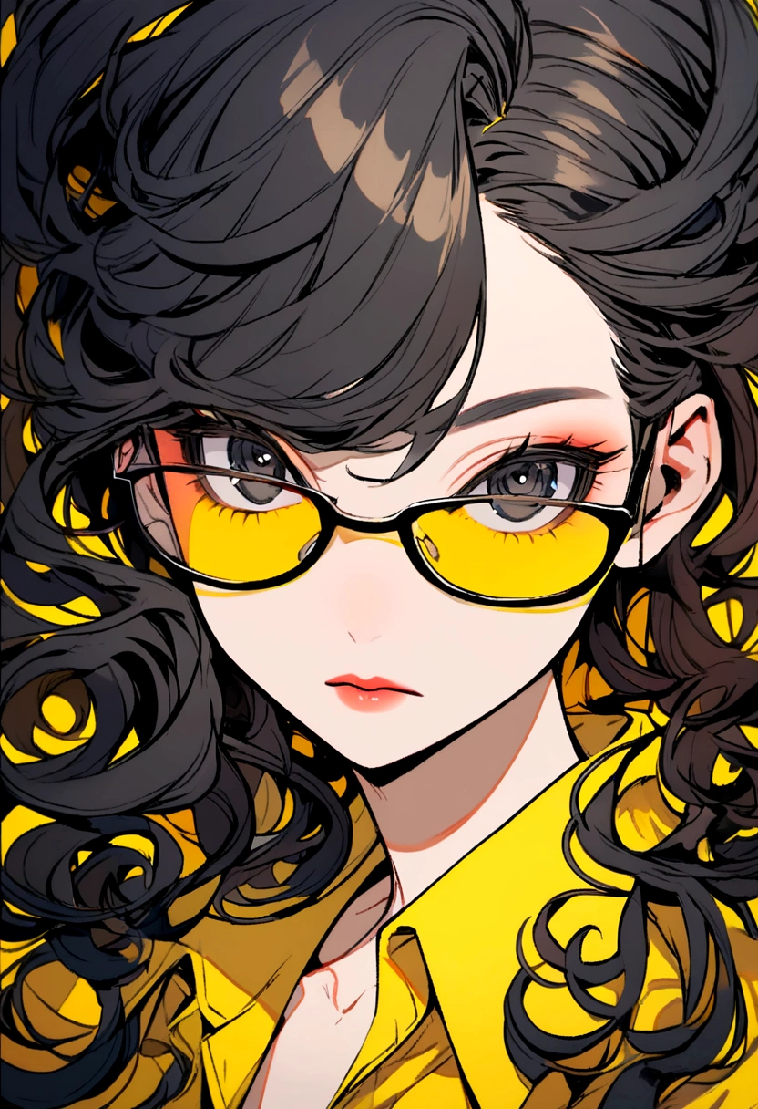 black hair girl, long curly hair, yellow glasses, black eyes, yellow shirt