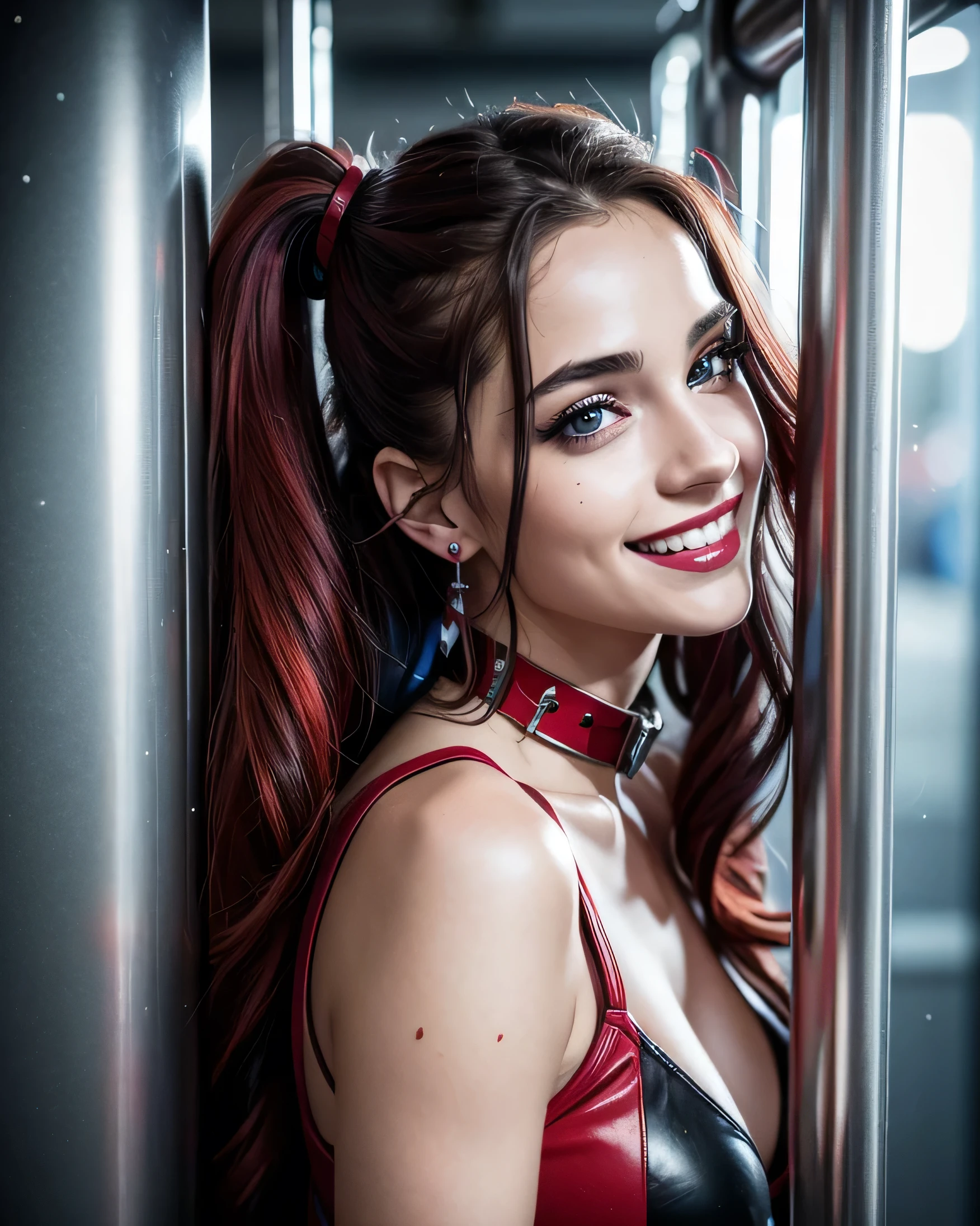 Ultra HD resolution,artistic photos,Professional Photography,21 year girl, earrings, long brunette hair, cold white ultra realistic skin,dressed as Harley quinn, locked up in a olice station, smiling at viewer, natural lips