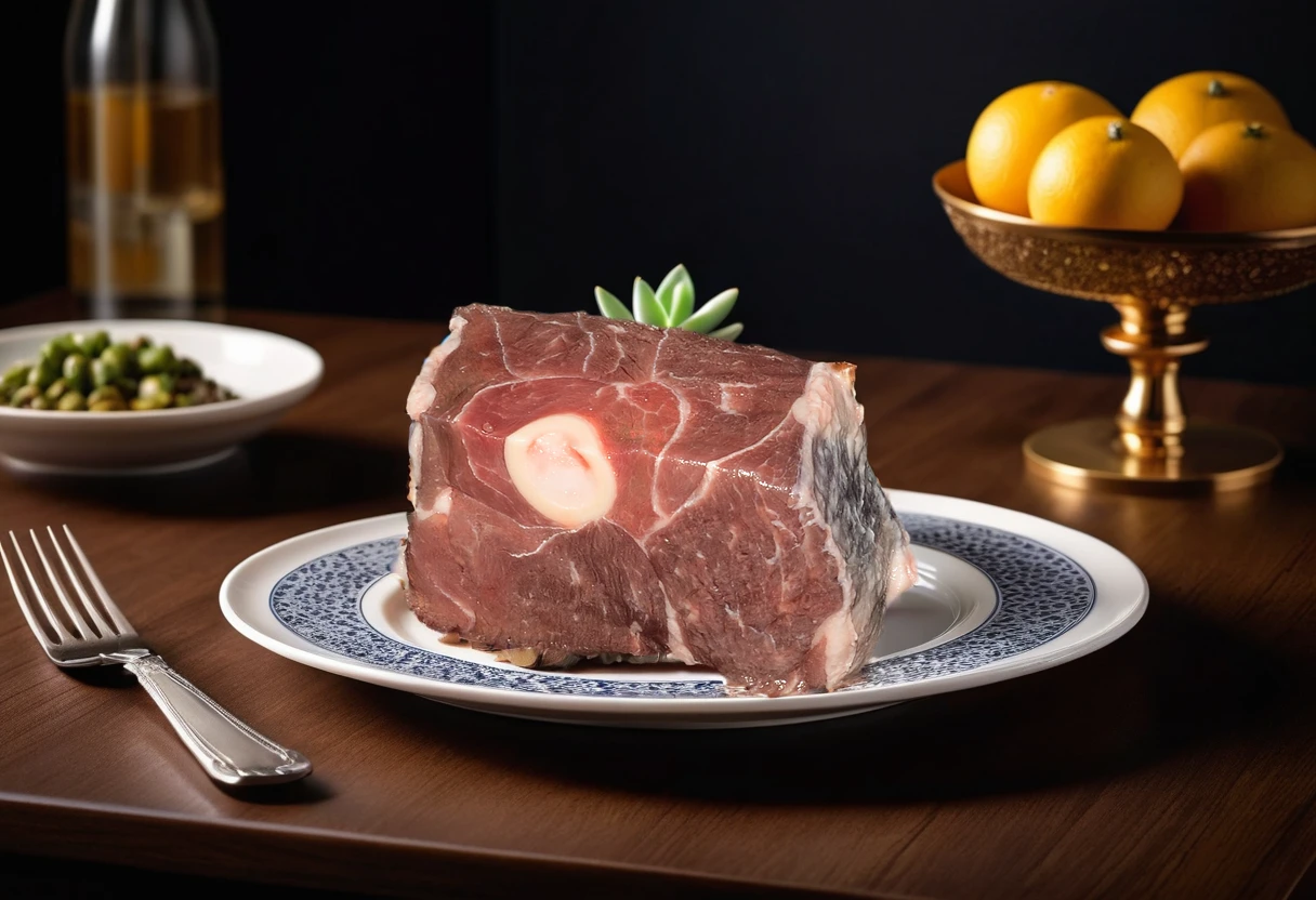 A succulent piece of meat is elegantly arranged on an exquisite white porcelain plate, set against the backdrop of a well-appointed kitchen. The plate features delicate patterns that add a touch of sophistication to the presentation