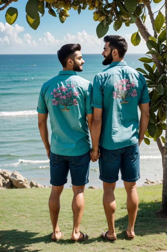 The image is two gay couple holding hands and standing beside each other. The right guy has beard and the left one not. They are wearing flower shirts and shorts. Two chihuahua dogs are standing on either side of the couple. There is lemon tree on the left side of the image, with green leaves and lemons hanging from it. The background appears to depict a natural setting with a sky, with the sea behind it, and some grassy areas at the bottom.