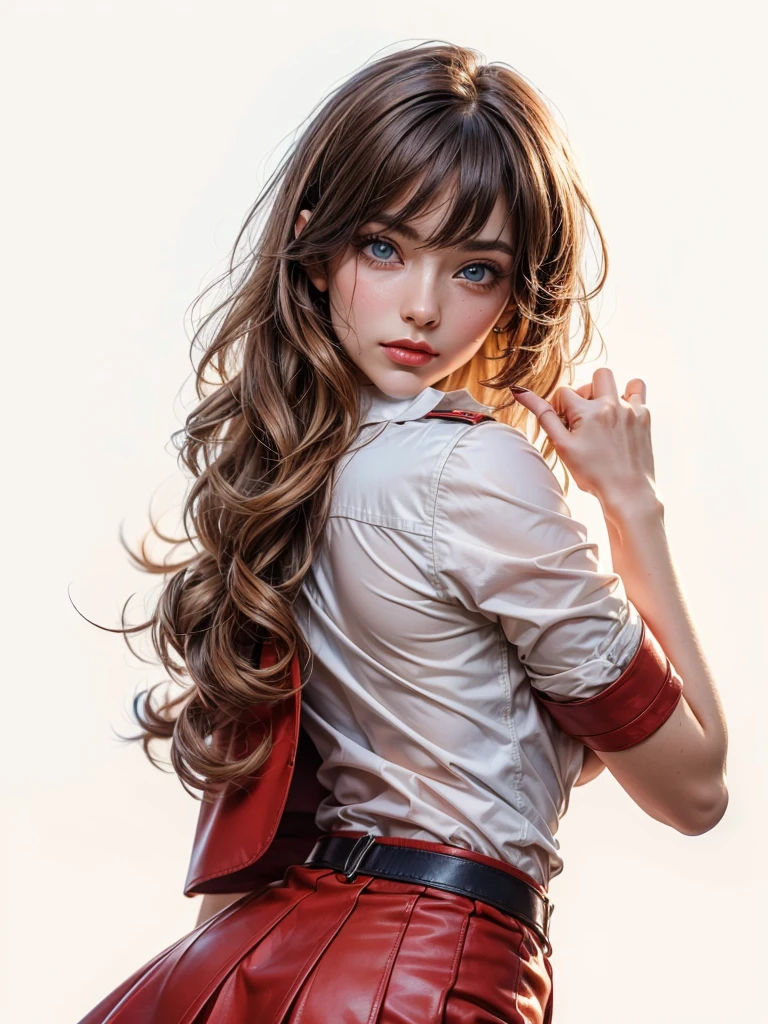 Detailed woman's face looking at the camera, blue eyes, (brown curly hair: 1.2), bangs, flight attendant, flight attendant uniform, red tight leather skirt, light and shadow, sunlight shining on the body, correcting deformed fingers, realistic, sharp eyes, ((eyes looking at the camera)),1 female、(Super beautiful)、(Pretty Face:1.5)、(A European stewardess1.5)、(Brown curly hair1.2)、(Bangs:1.1)、(Red leather skirt:1.1)、(Flight attendant uniform)、(Tailored Jackets)、(Solid Navy Mini Skirt)、(Brown wavy hair:1.2)、High heel、(Dark Makeup),Smooth and delicate skin,Sweat on the skin,(Masterpiece: 1.4), (8000, Realism, RAW photo, best quality: 1.4), (1 girl), beautiful face, (lifelike face: 1.4), (brown wavy roll: 1.3), beautiful hair style, beautiful and meticulous eyes, (best proportion eyes: 1.5), attractive, ultra-high resolution, surRealism, very detailed, best aspect ratio, (meticulous face: 1.4), looking at the audience, red lipstick, (best finger proportion: 1.5), (a beautiful stewardess looking at the camera), [(18 years), whole body, (lifelike blue eyes: 1.2), (strength display In describing the behavior of female superman, (very good, very good: 1.4),