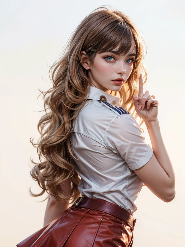 Detailed woman's face looking at the camera, blue eyes, (brown curly hair: 1.2), bangs, flight attendant, flight attendant uniform, red tight leather skirt, light and shadow, sunlight shining on the body, correcting deformed fingers, realistic, sharp eyes, ((eyes looking at the camera))，1 female、(Super beautiful)、(Pretty Face:1.5)、(A European stewardess1.5)、(Brown curly hair1.2)、(Bangs:1.1)、(Red leather skirt:1.1)、(Flight attendant uniform)、(Tailored Jackets)、(Solid Navy Mini Skirt)、(Brown wavy hair:1.2)、High heel、(Dark Makeup)，Smooth and delicate skin，Sweat on the skin，(Masterpiece: 1.4), (8000, Realism, RAW photo, best quality: 1.4), (1 girl), beautiful face, (lifelike face: 1.4), (brown wavy roll: 1.3), beautiful hair style, beautiful and meticulous eyes, (best proportion eyes: 1.5), attractive, ultra-high resolution, surRealism, very detailed, best aspect ratio, (meticulous face: 1.4), looking at the audience, red lipstick, (best finger proportion: 1.5), (a beautiful stewardess looking at the camera), [(18 years), whole body, (lifelike blue eyes: 1.2), (strength display In describing the behavior of female superman, (very good, very good: 1.4),