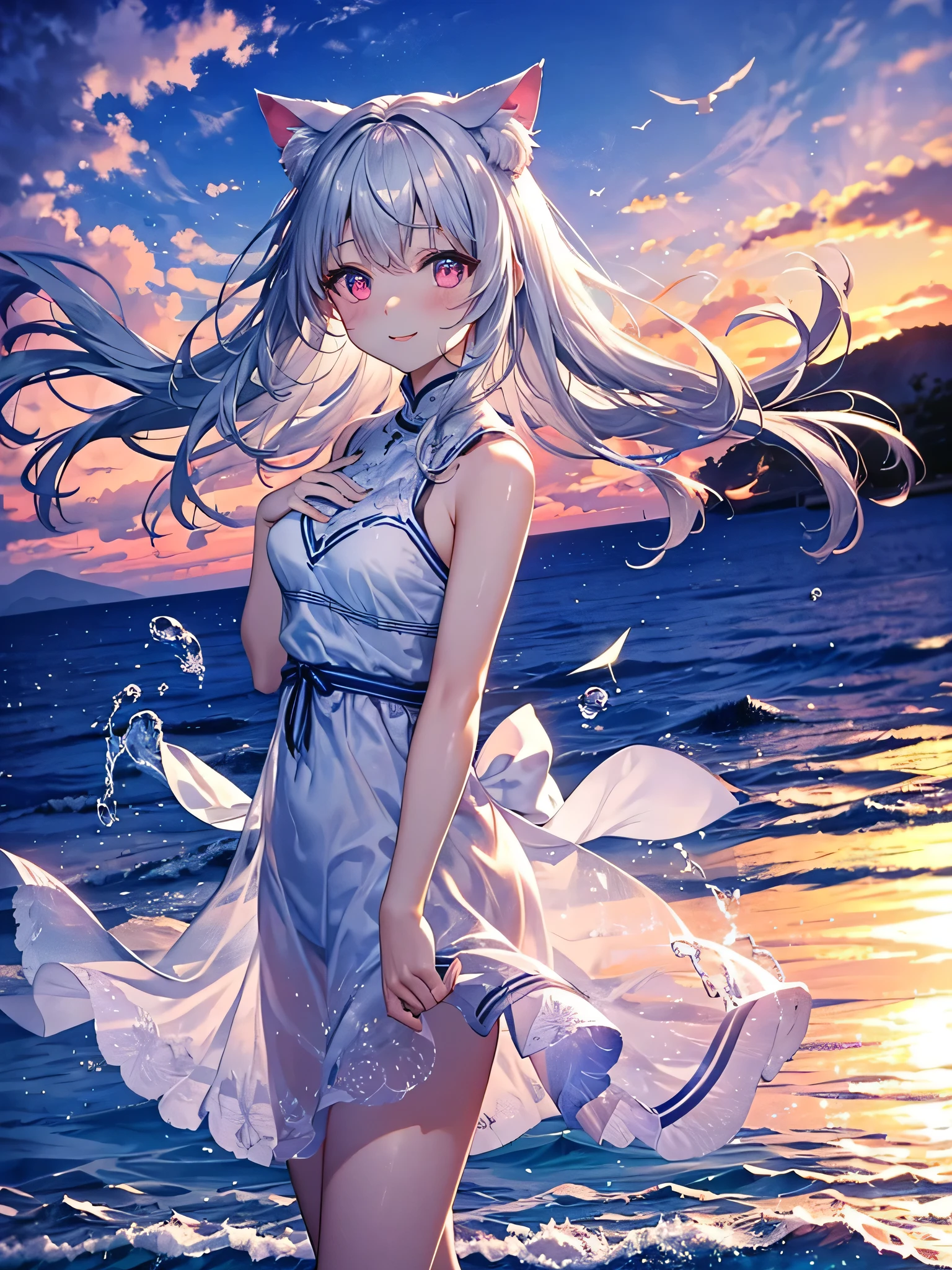 Highly detailed face, water effects、Light effects,medium breasts,pretty girl,smile,Cat ear,Beautiful silver hair,Pink inside,Beautiful pink eyes ,an orange、pink there、Yellow blends to fill the sky、The sunset over the beach is truly mesmerizing。The crystal clear sea gently kisses the shore、White sand beaches stretch everywhere。Seagulls soar high into the sky、It is a dynamic and breathtaking scene with palm trees gently swaying。Embrace a calm atmosphere、Peace washes you。